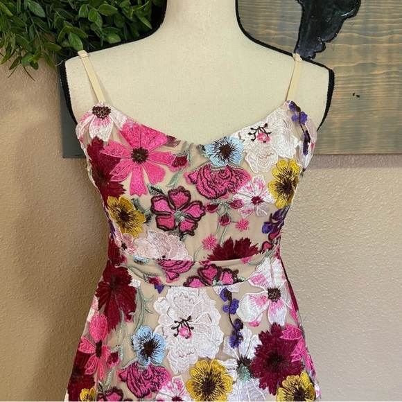 NWOT Lulus Garden Grandeur Beige Floral Embroidered A-Line Mini Dress - Picture 6 of 10